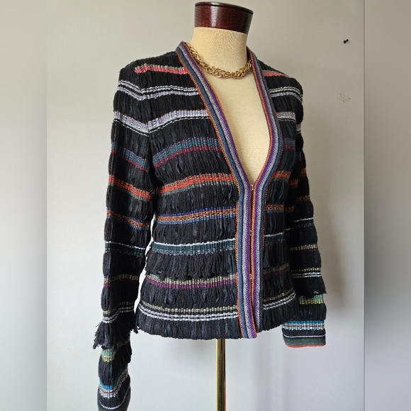 Ecru Multicolor Knit and Fringe Blazer. Size Small - Picture 2 of 15